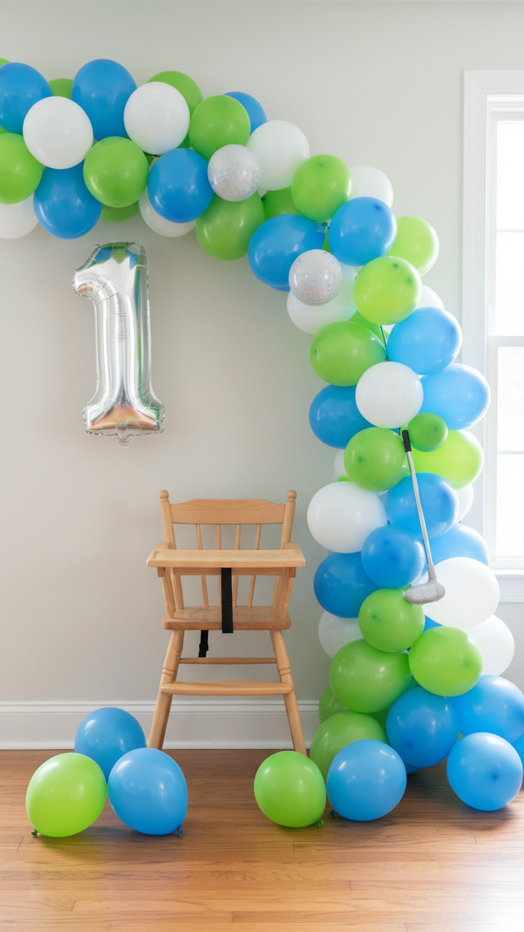 Vibrant Hole In One Birthday Balloon Garland With Sky Blue, Lime Green, White Balloons And Silver Number 1 Balloon