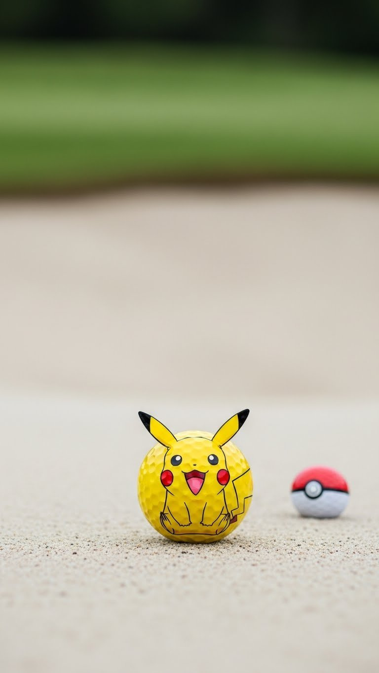 Vibrant Pikachu Golf Ball Displayed On Sandy Bunker With Blurred Fairway Backdrop In Bright Daylight Photography