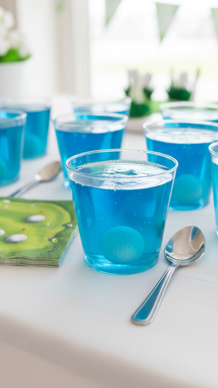Vibrant Blue Jell-O Cups With A Tiny Golf Ball Sunk Inside, Arranged On White Tablecloth With Golf-Themed Napkins And Silver Spoon.