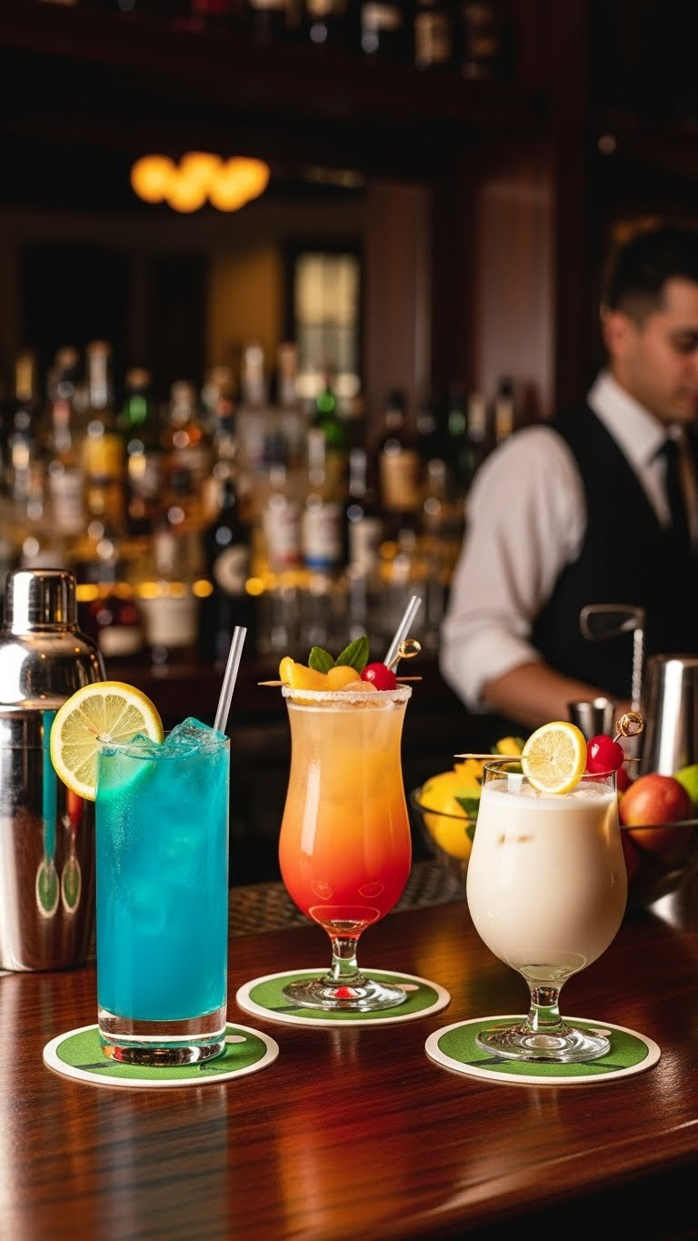 Vibrant Collection Of 80S Signature Cocktails Including Long Island Iced Tea And Tequila Sunrise On Polished Bar Top