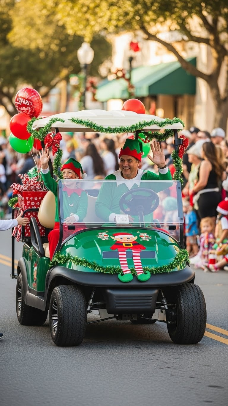 Vibrant Elf Christmas Golf Cart With Driver Waving To Smiling Parade Crowd During Festive Celebration