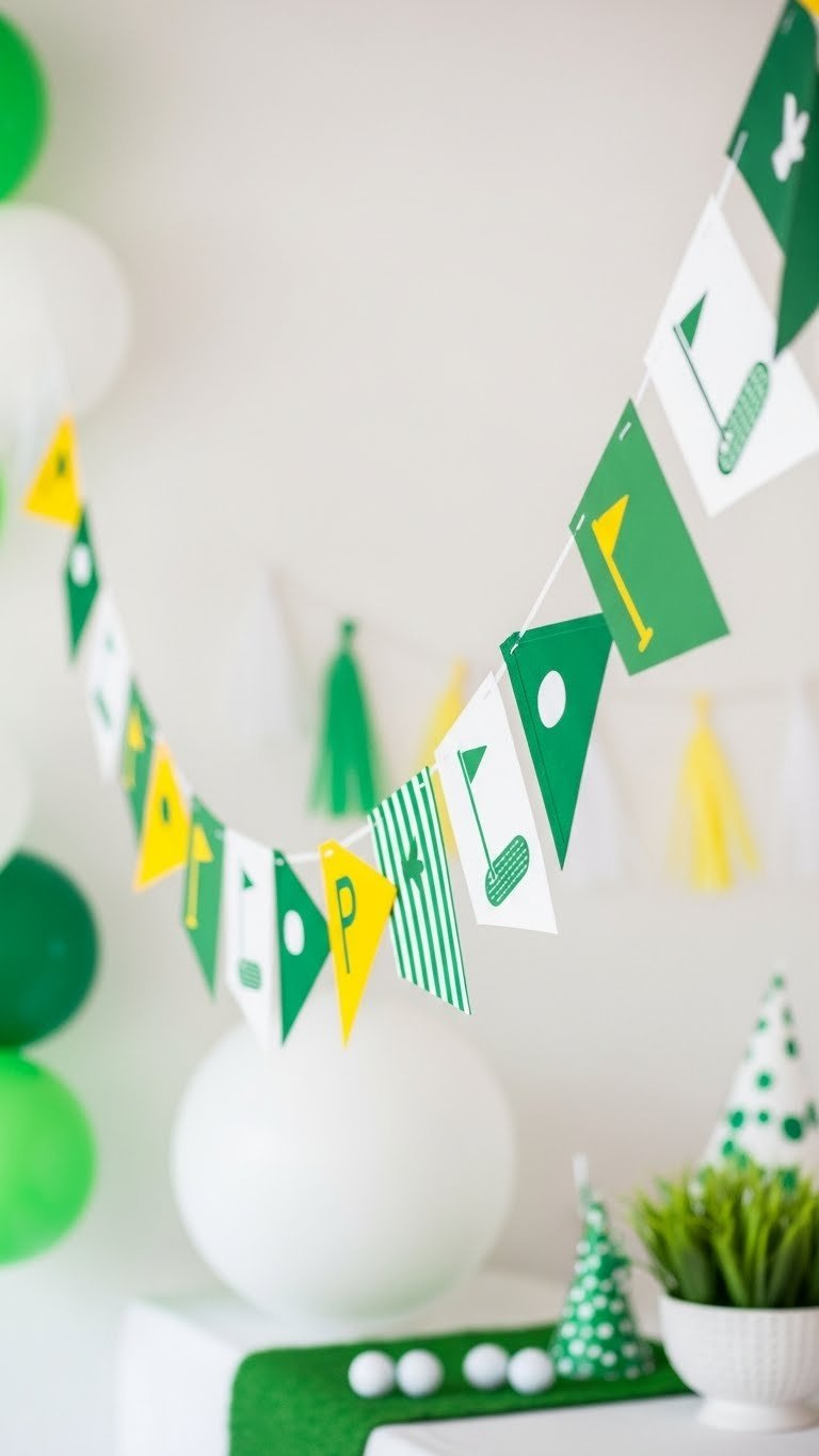 Vibrant Golf Flag Banner Composed Of Miniature Green, White, And Yellow Flags Creating Festive Party Decor Backdrop