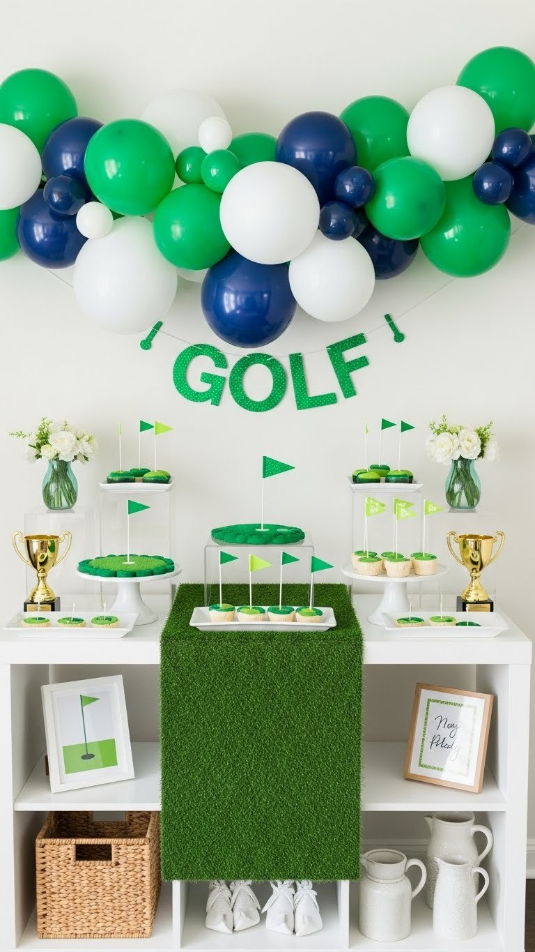 Vibrant Golf Party Balloon Garland In Kelly Green, White, And Navy Blue Above Dessert Table With Turf Grass Runner