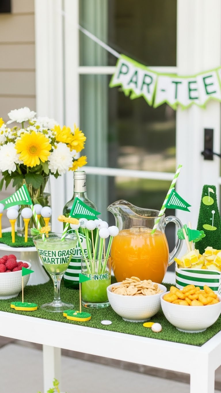 Vibrant Golf Party Bar Cart With Striped Accents, Themed Beverages, And Miniature Golf Flags On Clean White Cart In Bright Daylight