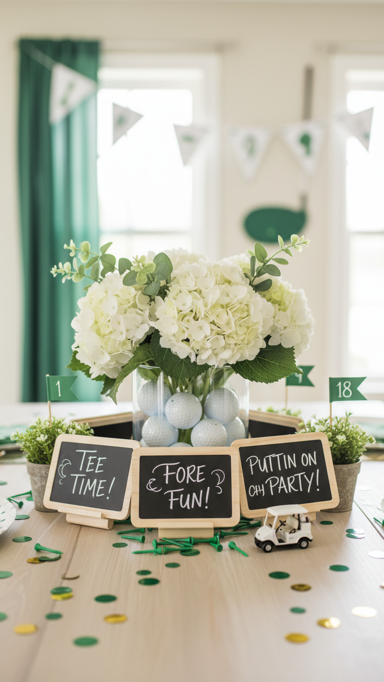Vibrant Golf Party Decorations With Chalkboards, Mini Flags, And Floral Centerpiece On Light Wooden Table