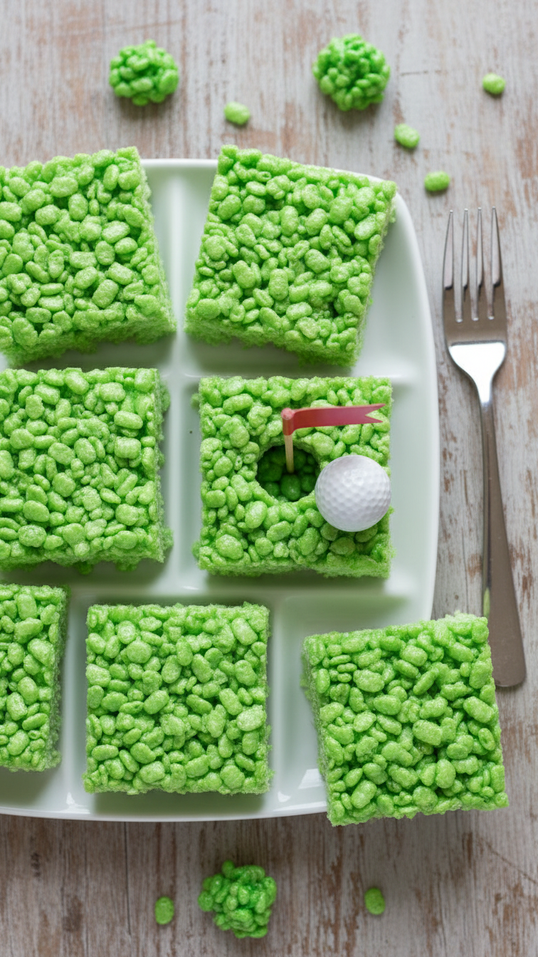Vibrant Green Rice Krispie Treats With White Gumball Golf Ball And Red Flag Toothpick, Arranged On Rustic Wooden Table.