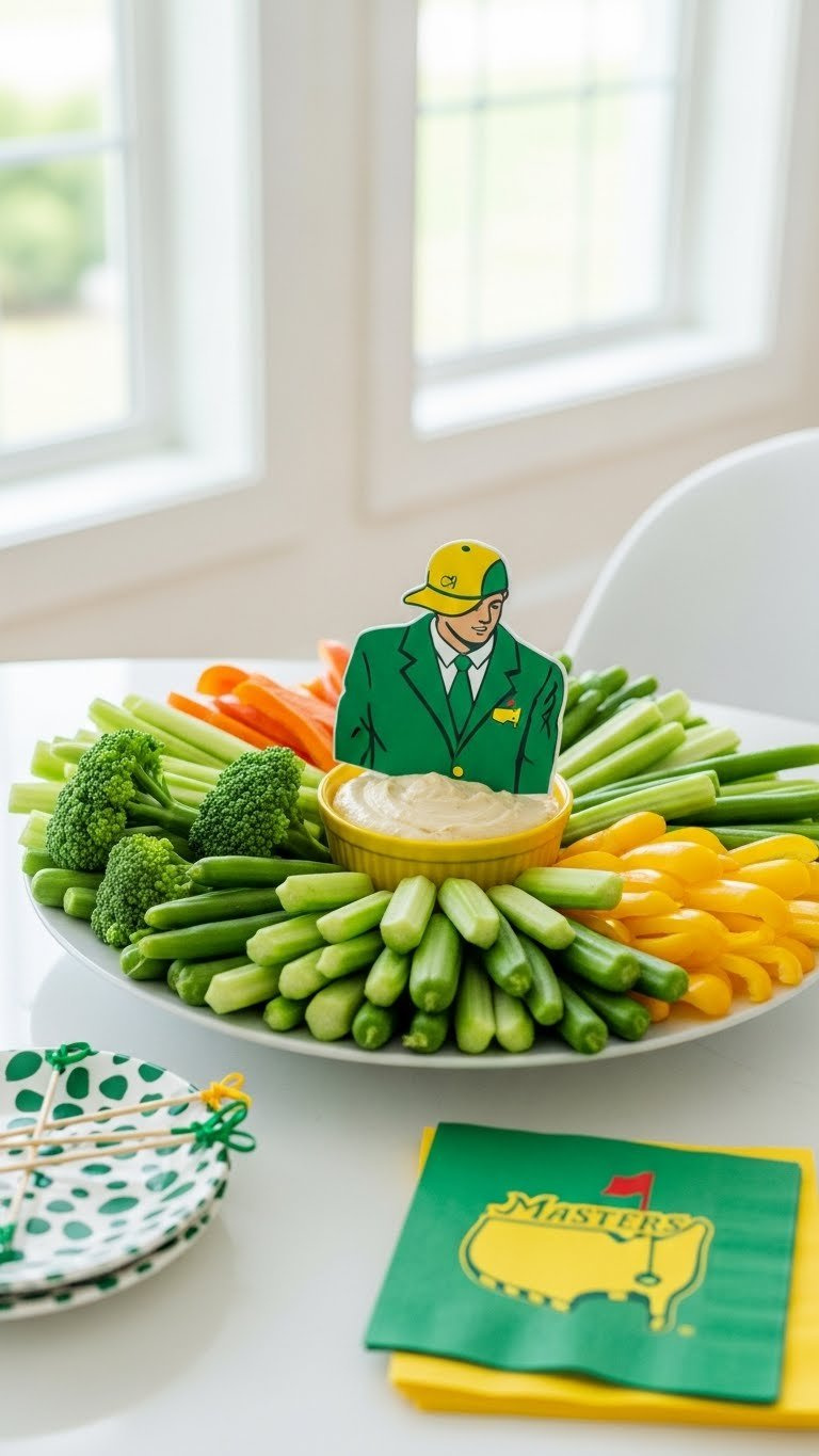 Vibrant Green And Yellow Themed Veggie Tray Arranged To Evoke Masters Tournament Colors On White Ceramic Platter