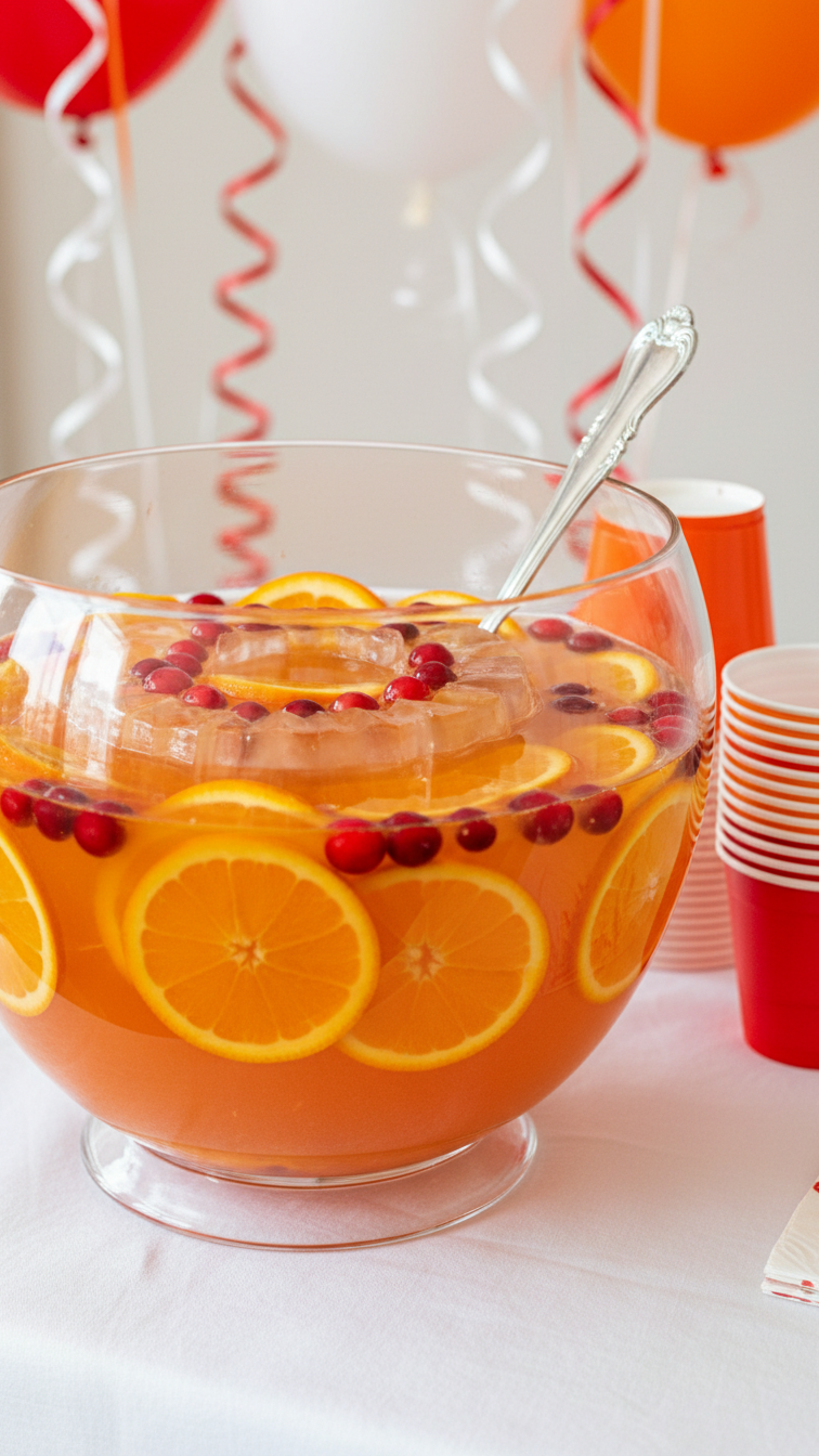 Vibrant Orange Hole-In-One Punch In Glass Bowl With Fruit Garnish At Festive Party Setting