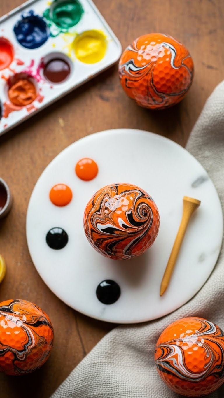 Vibrant Orange Golf Balls With Abstract Swirl And Marbled Patterns On Rustic Wooden Palette