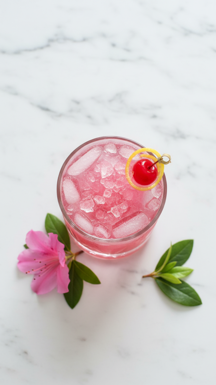 Vibrant Pink Azalea Cocktail In Rocks Glass With Crushed Ice And Cherry Garnish On White Marble Background