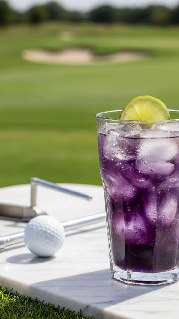 Vibrant Purple Transfusion Cocktail In Tall Glass With Lime Garnish On Sunny Golf Course Background