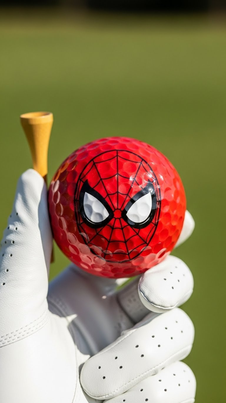 Vibrant Red Golf Ball Featuring Detailed Spiderman Mask Face On White Golf Glove Against Blurred Green Course
