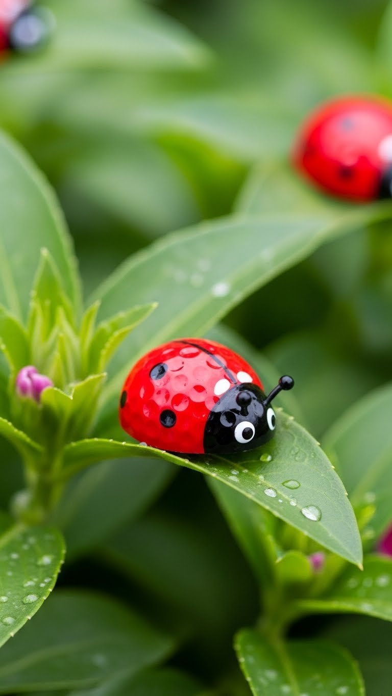 Vibrant Red Ladybug Golf Ball With Black Spots And Googly Eyes Resting On Green Leaves In Garden Setting With Soft Bokeh Background