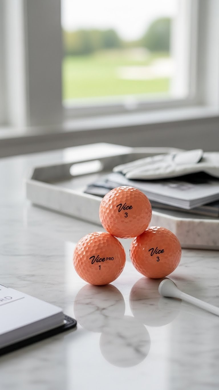 Vice Pro Soft Hue Peach Golf Balls Arranged On Marble Countertop Showing Kil-Putting Line Technology