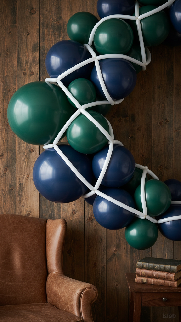 Vintage Argyle Golf Balloon Garland With Navy Blue, Hunter Green, And White Crisscross Pattern Against Rustic Wood