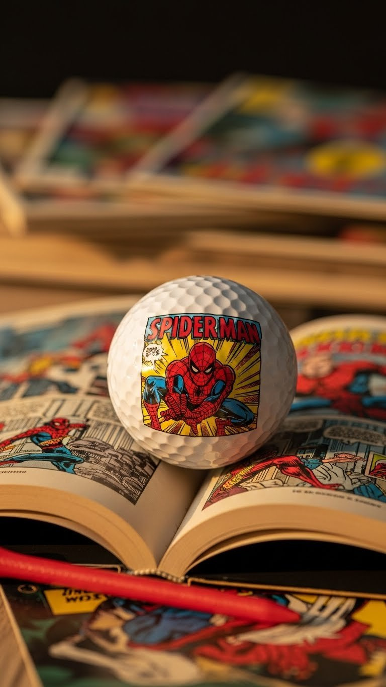Vintage Comic Book Style Spiderman Golf Ball On Opened Comic Book With Retro Golf Tee And Warm Golden Lighting