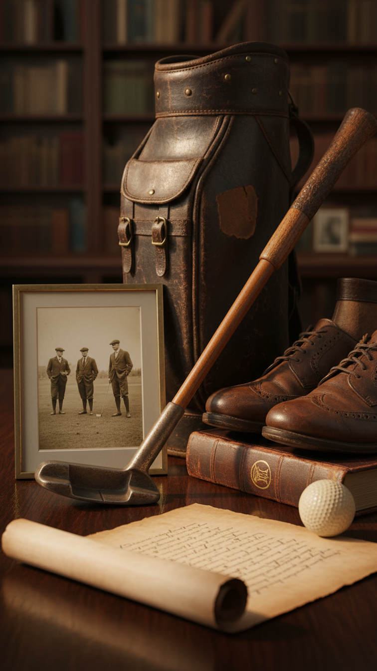 Vintage Golf Memorabilia Featuring Antique Hickory Shaft Putter And Weathered Leather Bag On Dark Wooden Surface