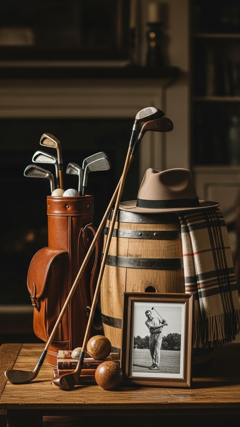 Vintage Golf Party Decor Featuring Antique Golf Clubs Crossed Over Wooden Barrel With Leather Bag And Golf Balls On Rustic Table