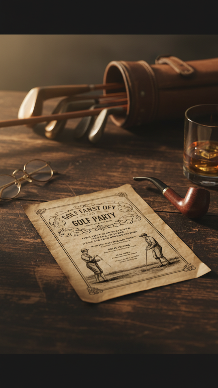 Vintage Golf Party Invitation On Aged Parchment Paper With Sepia-Toned Early 20Th-Century Golfers Illustration