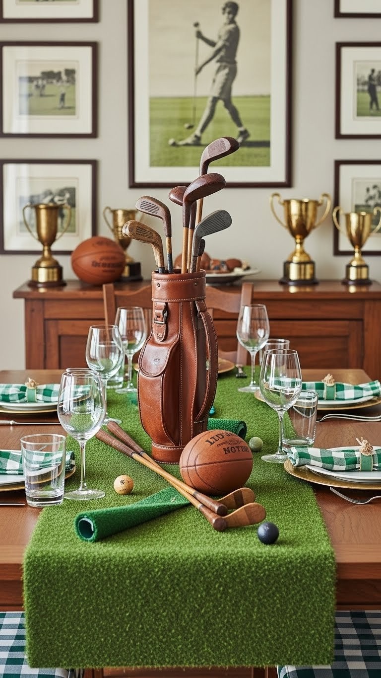 Vintage Golf Party Table Setting With Green Turf Runner And Leather Golf Bag Centerpiece On Wooden Dining Table