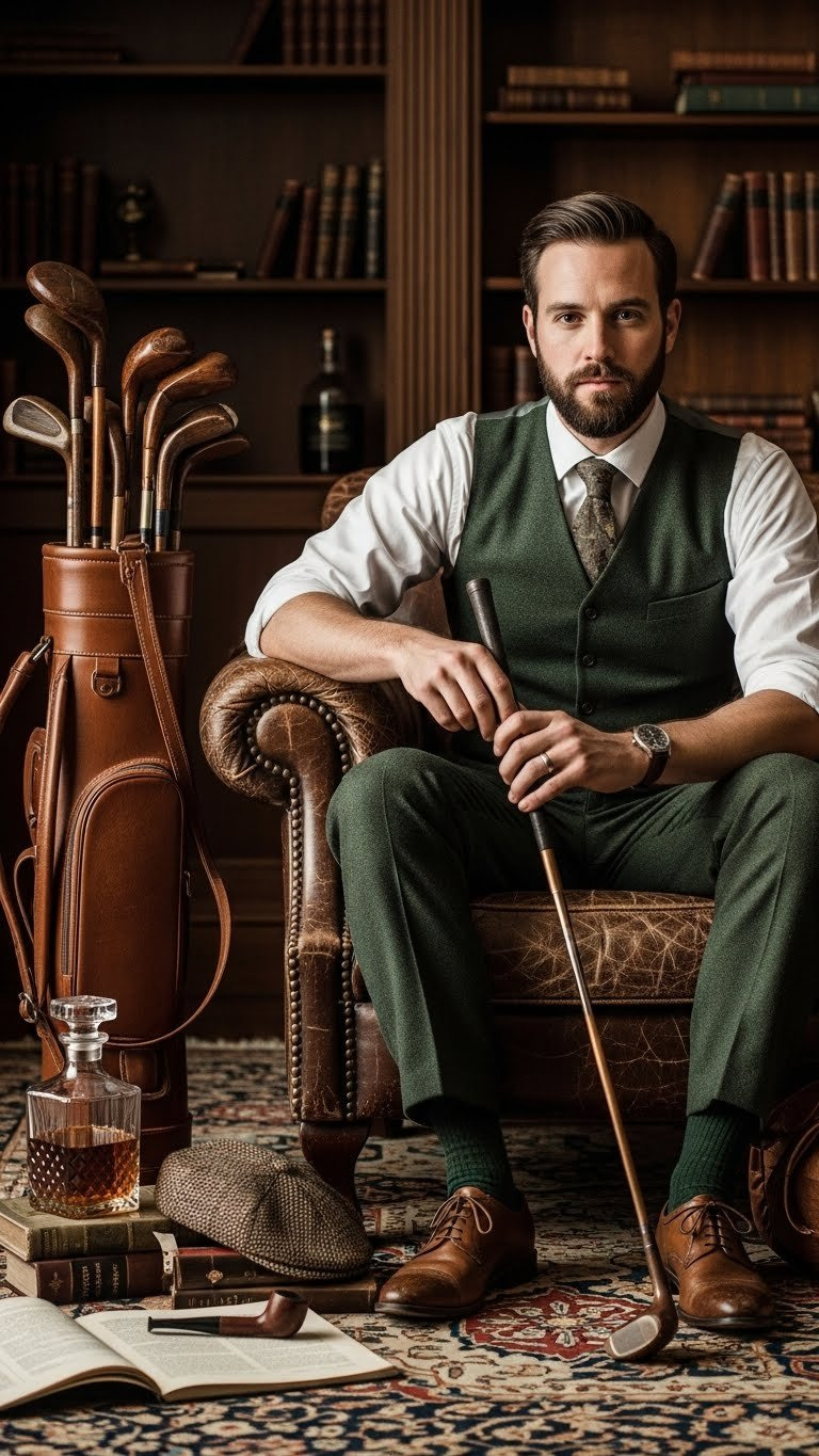 Vintage Golf Theme Engagement Party Decor With Antique Wooden Clubs, Leather Golf Bags, And Classic Linksman Culture Elements In Warm Study Setting.