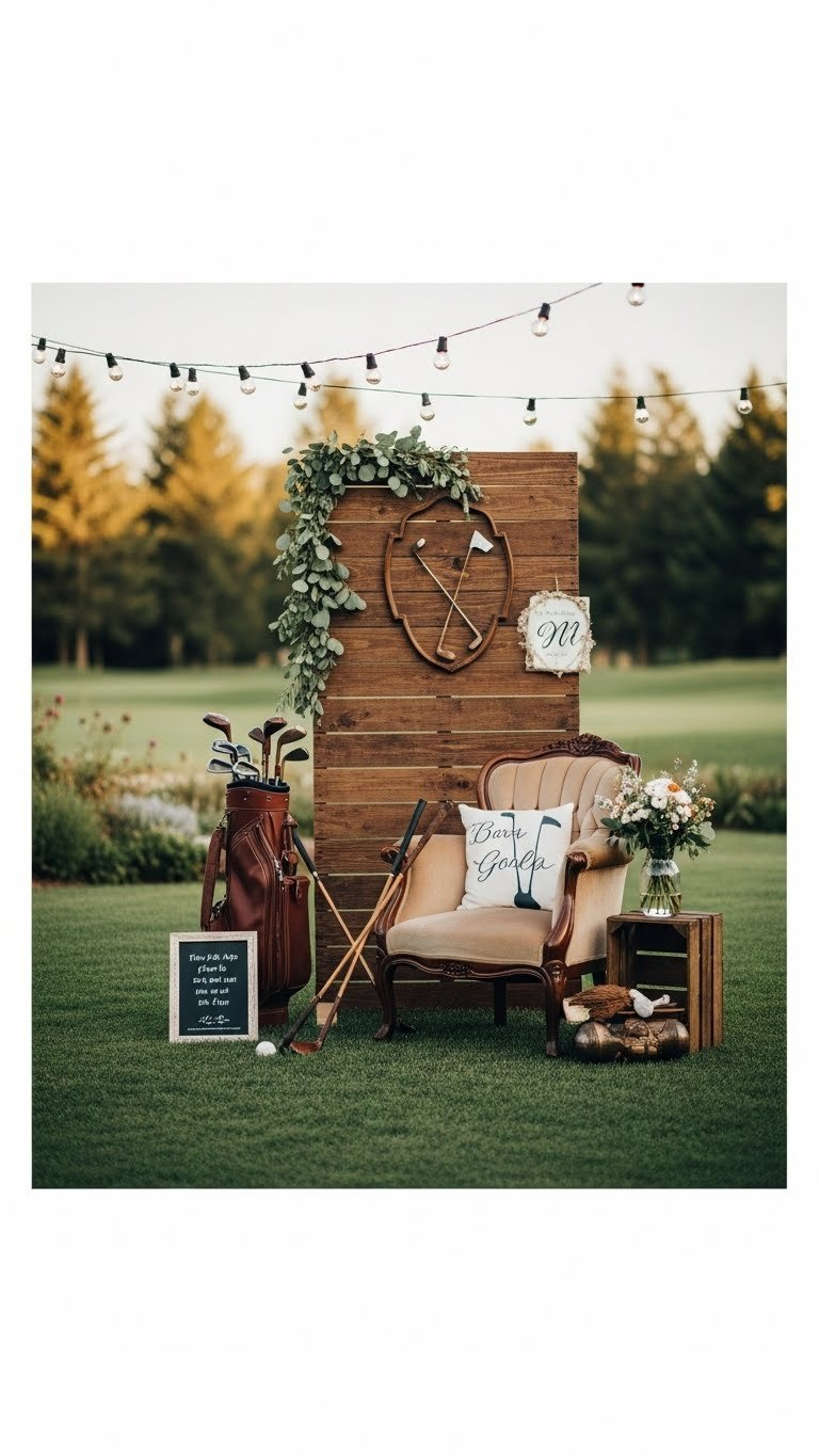 Vintage-Inspired Photo Booth Setup With Rustic Wooden Backdrop, Antique Armchair, And Playful Golf-Themed Props