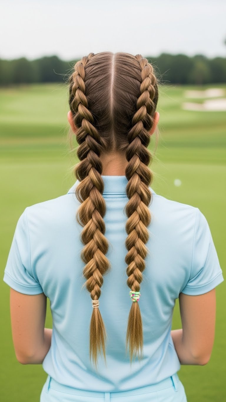 Voluminous Double Bubble Braids Starting From The Temples On Long Hair, Showcasing Neat Segments Against A Vibrant Golf Course Fairway.