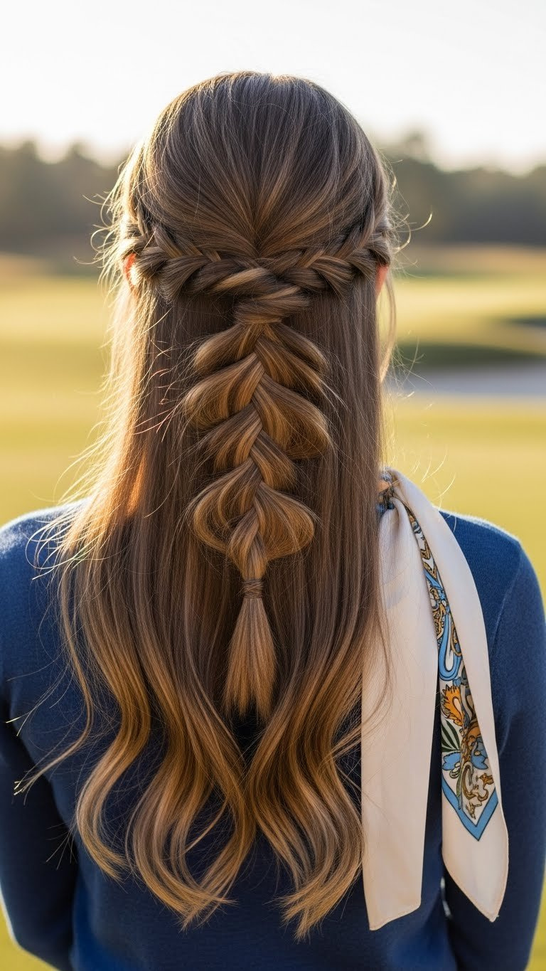 Voluminous Half-Up Pull-Through Braid On Long Hair With Distinct Segments, Blending Cute And Functional For A Golf Course Landscape.