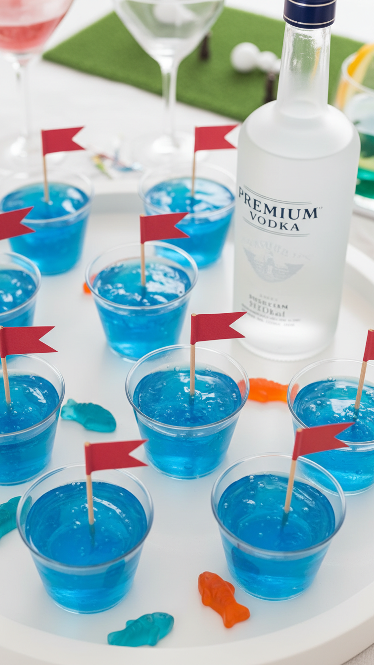 Water Hazard Jello Shots In Blue Cups With Tiny Flags On White Serving Tray For Adult Golf Party