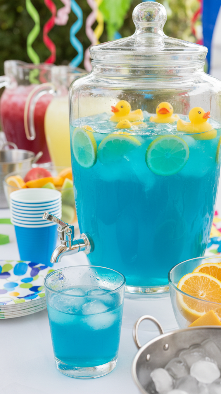 Water Hazard Blue Punch Dispenser With Floating Citrus Slices And Rubber Duckies