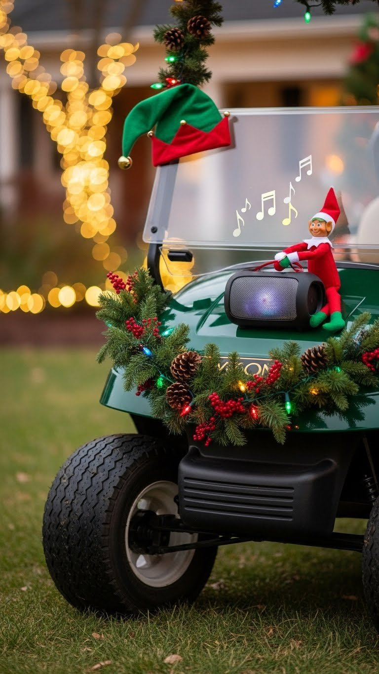 Weatherproof Bluetooth Speaker Nestled In Festive Golf Cart Decorations Emitting Subtle Light On Grassy Lawn