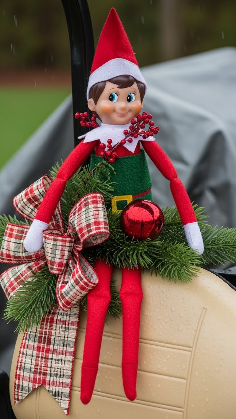 Weatherproof Plush Elf Figure With Rain Droplets On Golf Cart Adorned With Outdoor-Grade Decorations