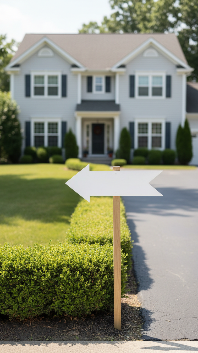 White Arrow-Shaped Sign On Wooden Stake At Driveway Edge With Neatly Trimmed Hedge In Suburban Setting.