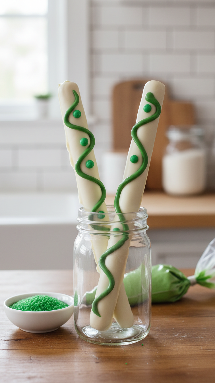 White Chocolate-Dipped Pretzel Rods With Green Drizzle Golf Course Decoration In Clear Glass Jar