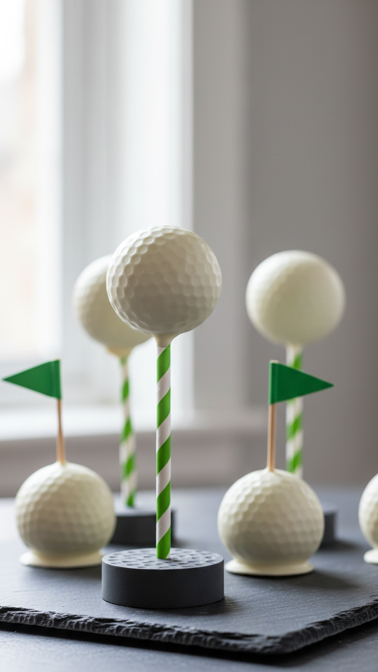 White Chocolate Golf Ball Cake Pops With Realistic Dimple Textures, Displayed On Slate Surface With Green Striped Straw Sticks.