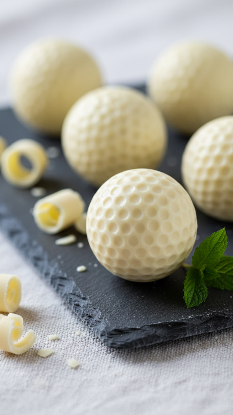 White Chocolate Golf Ball Truffles With Smooth Matte Finish Arranged On Slate Platter With Fresh Mint Leaf Garnish