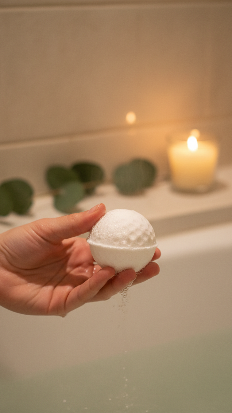 White Dimpled Golf Ball-Shaped Bath Bomb Fizzing In Hand Over Steamy Bathtub