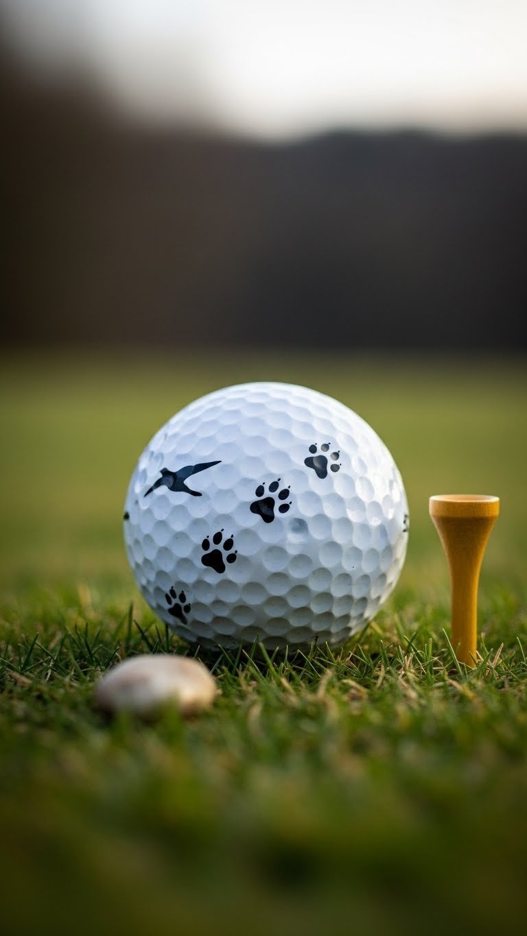 White Golf Ball Adorned With Black Animal Silhouette Paw Prints Using Fine Tip Sharpie On Grassy Backdrop