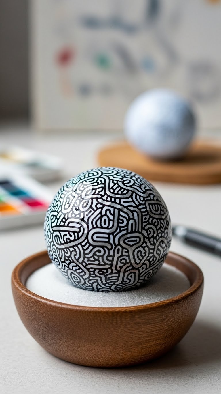 White Golf Ball Covered In Intricate Black And Silver Abstract Doodles Displayed In A Rustic Wooden Bowl With Sand.