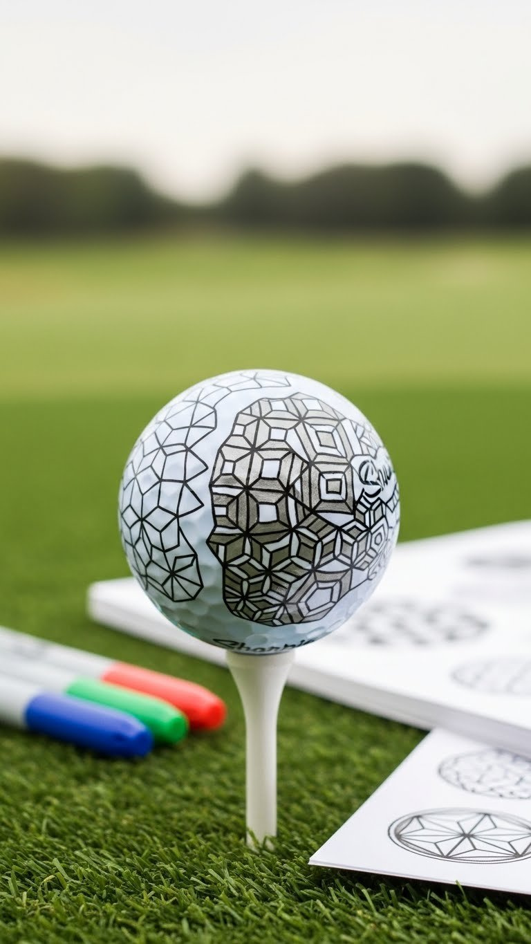 White Golf Ball Covered In Sharp Black And Silver Geometric Sharpie Patterns On Green Artificial Grass With Golf Course Backdrop.