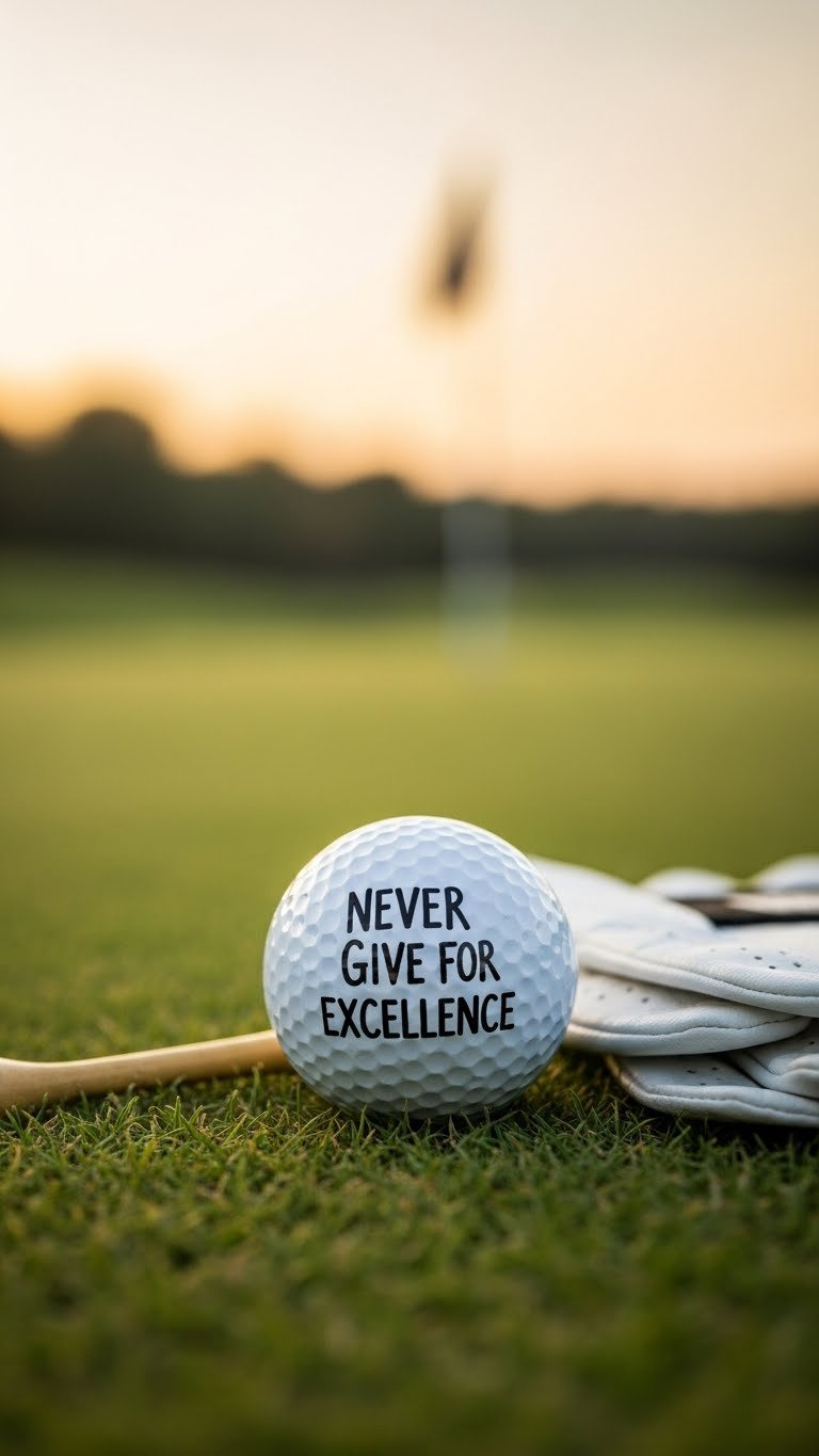 White Golf Ball Featuring Motivational 'Never Give Up' Quote In Bold Black Lettering On Putting Green Grass At Sunset.