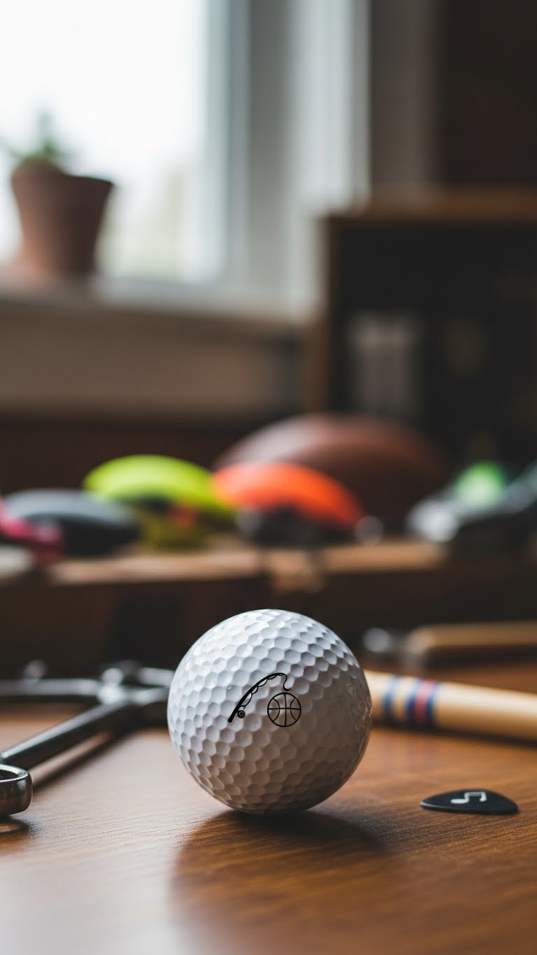 White Golf Ball Featuring Personalized Mini-Logo Symbol Drawn With Fine Tip Sharpie On Rustic Wooden Table