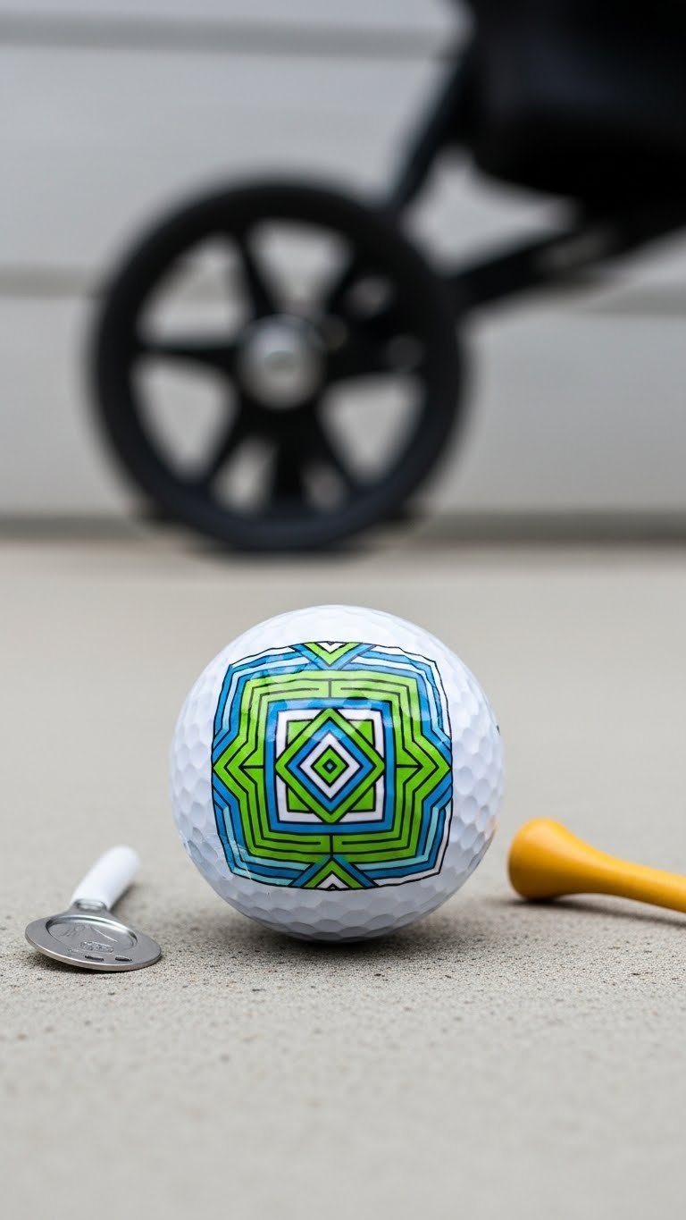 White Golf Ball Featuring Precise Geometric Pattern Drawn With Fine Tip Sharpie On Minimalist Concrete Surface