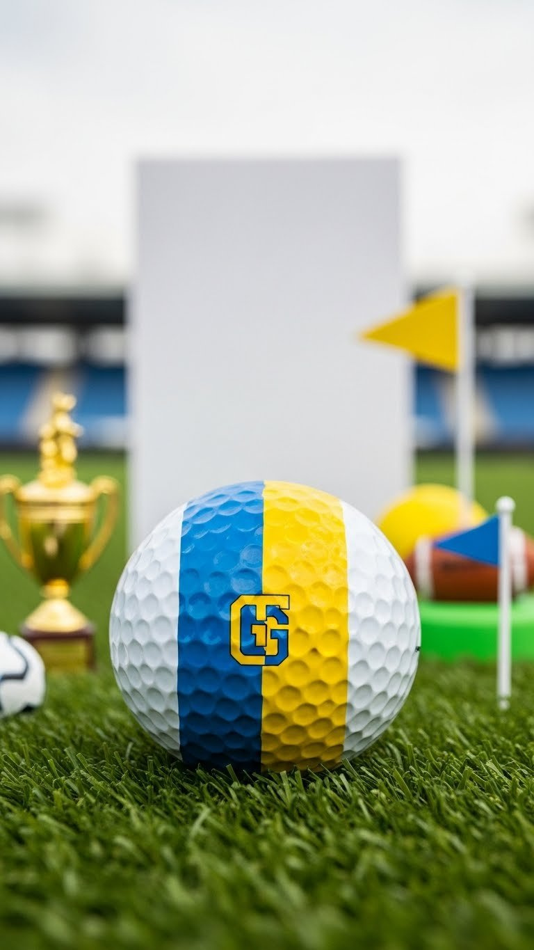 White Golf Ball Painted With Bright Blue And Yellow Team Colors Featuring Stylized Initial On Artificial Grass Patch.