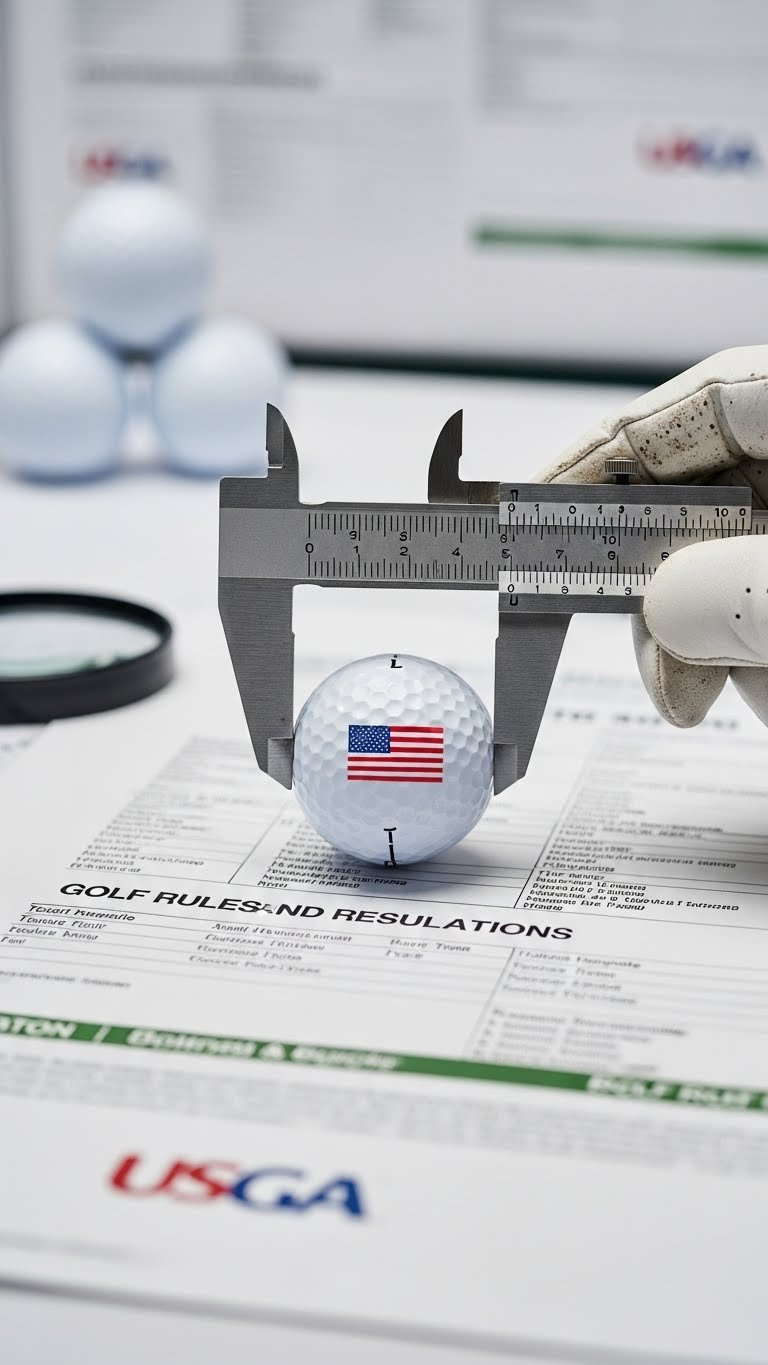 American Flag Golf Balls: Ultimate Buying &Amp; Diy Guide White Golf Ball With American Flag Design Being Examined By Gloved Hand With Caliper Against Blurred Golf Rule Book Backdrop.