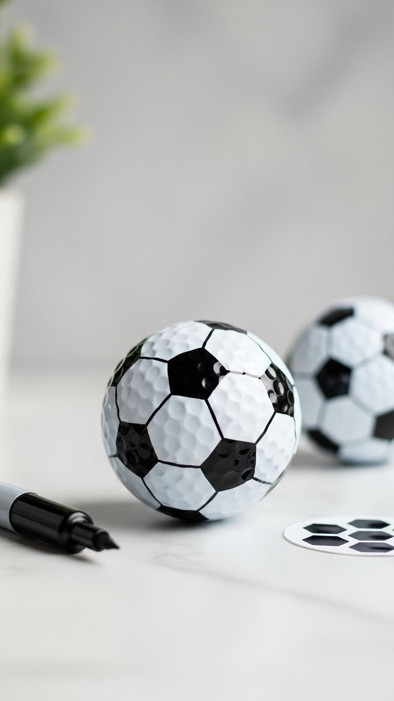 White Golf Ball With Black And White Soccer Ball Pattern On Marble Surface With Minimalist Background
