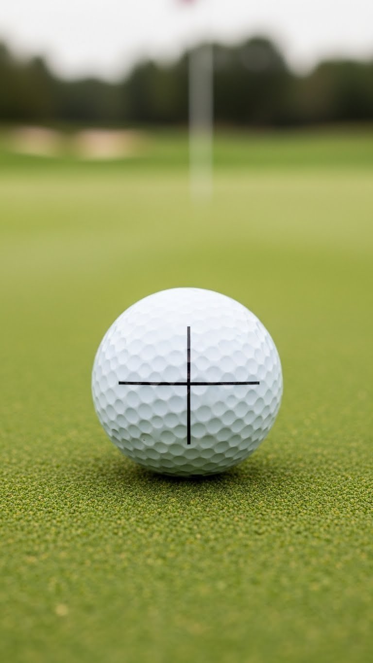 White Golf Ball With Crisp Black Alignment Line Drawn With Fine Tip Sharpie On Manicured Putting Green Background