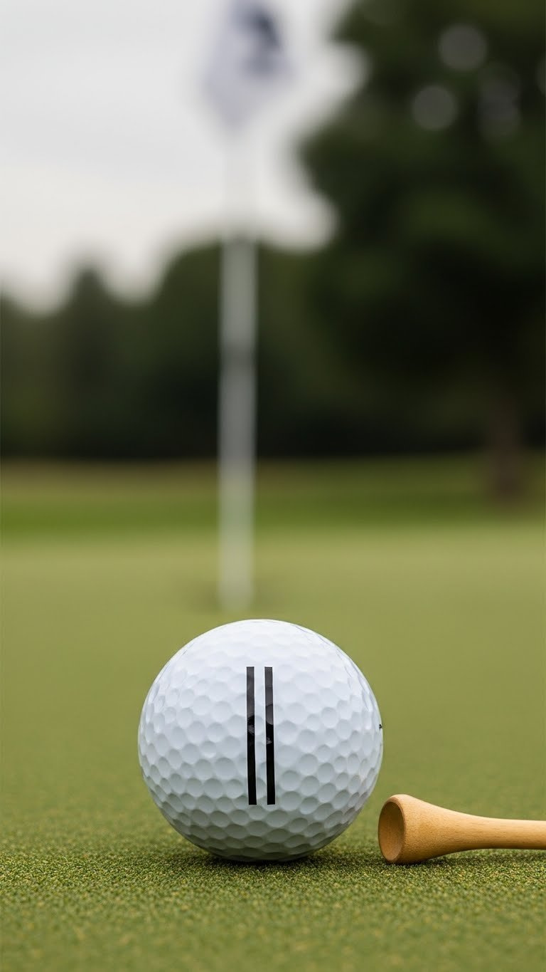 White Golf Ball With Crisp Black Alignment Stripes Displayed On A Minimalist Stand Against A Blurred Putting Green Background.
