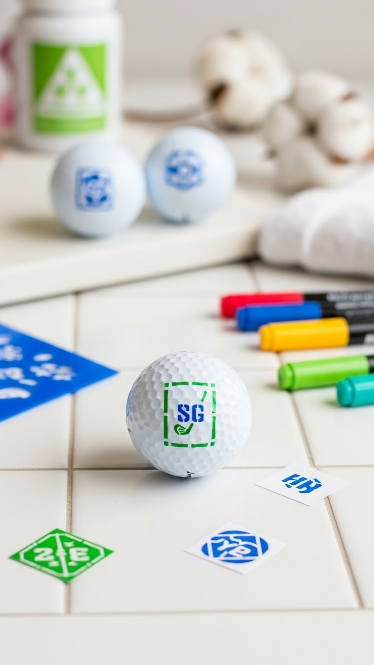 White Golf Ball With Crisp Blue Stencil Design On Ceramic Tile With Crafting Tools In Soft-Focus Background