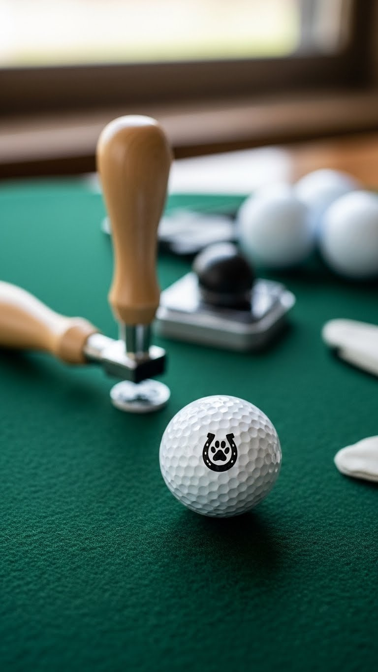 White Golf Ball With Crisp Stamped Lucky Symbol Using Golf Ball Stamp Tool On Dark Green Felt Surface